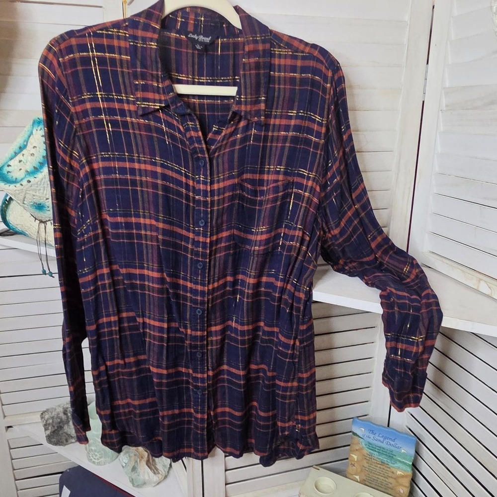 Lucky Brand Plaid Button Up Shirt L Navy Red Gold Metallic Preppy Top